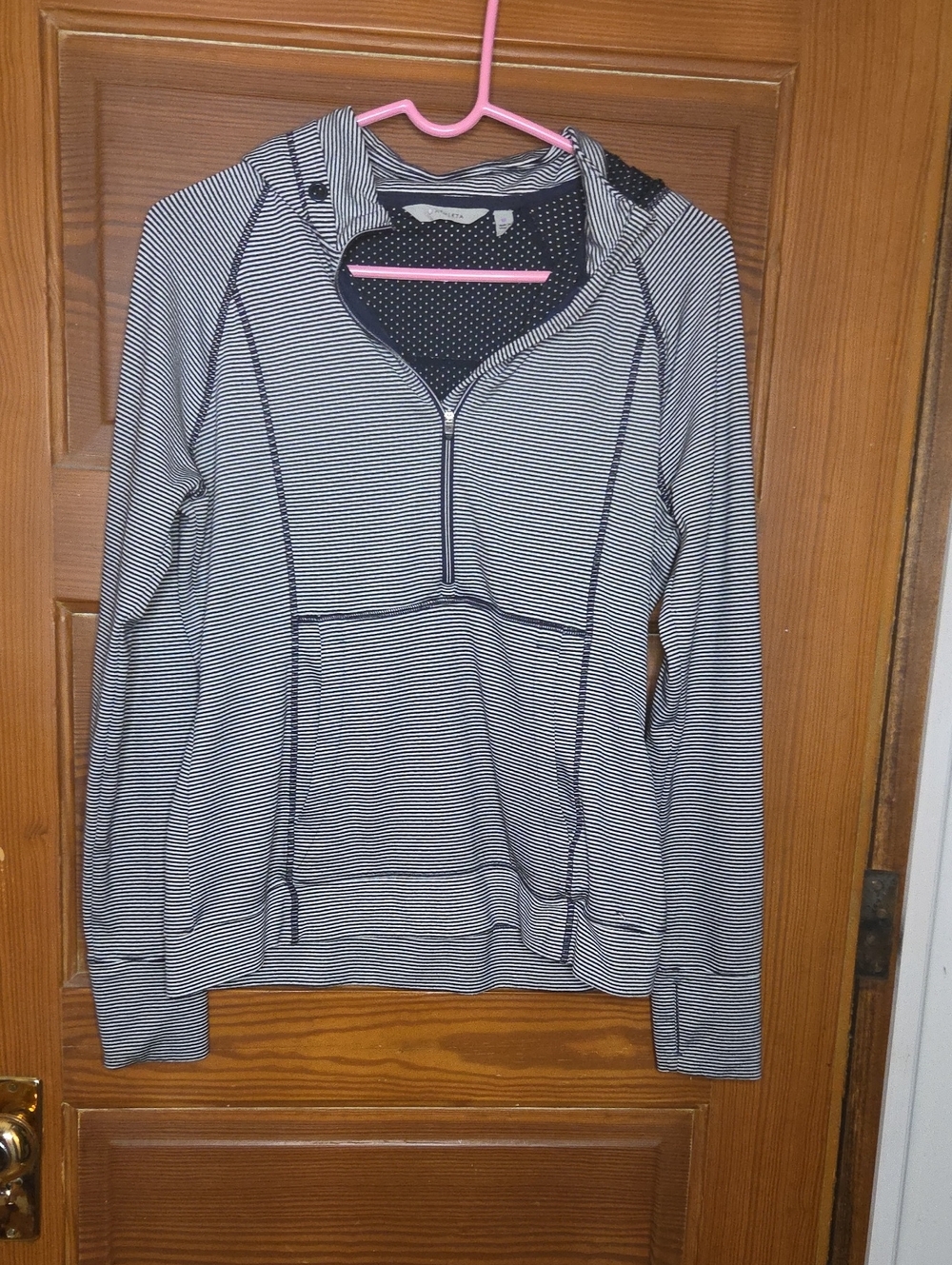 Athleta Navy & White Striped Half-Zip Pullover Hoodie